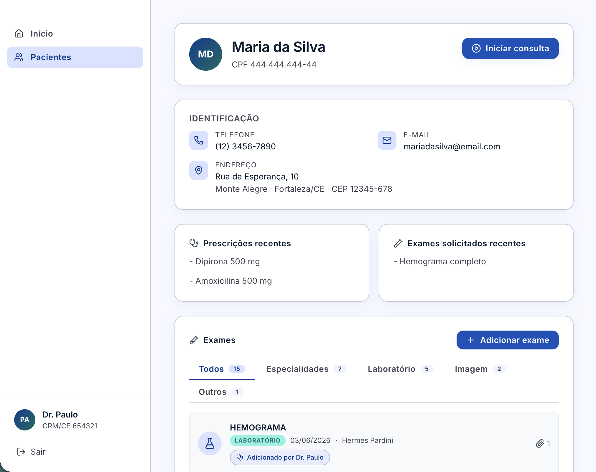 Painel CuidaMed mostrando registros de pacientes e gráficos clínicos